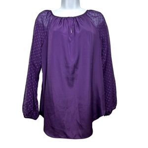 Daisy Fuentes Womens  Purple‎ Silky Top With Sheer Polka Dot Sleeves Small S